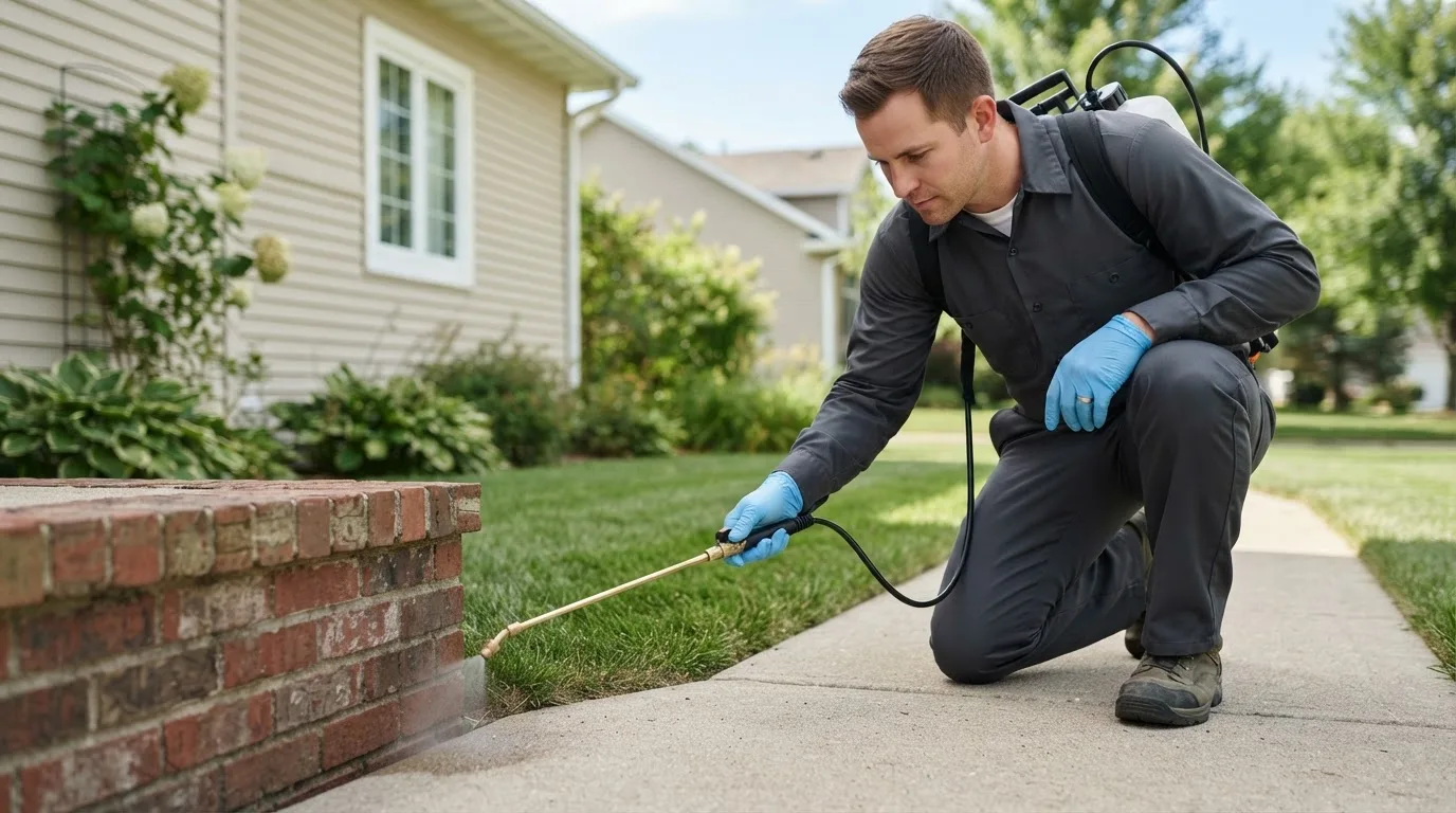 Pest control technician treating a home near Flatgap, KY
